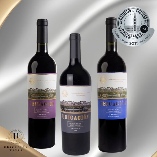 Paquete de 3 vinos tintos premiados por el Consejo Mundial de Bruselas 2025 / Malbec 2020 de Ubicacion Wines